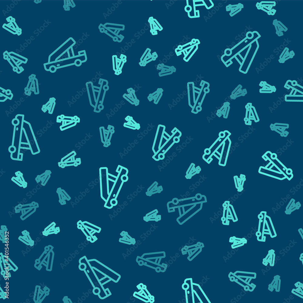 Green line Passenger ladder for plane boarding icon isolated seamless pattern on blue background. Airport stair travel. Vector. Green line Passenger ladder for plane boarding icon isolated seamless pattern on blue background. Airport stair travel. Vector.