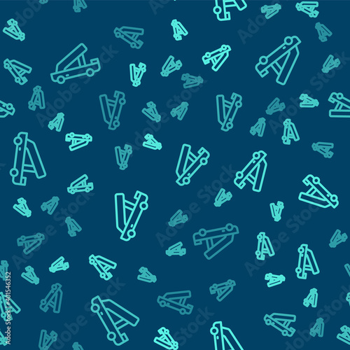 Green line Passenger ladder for plane boarding icon isolated seamless pattern on blue background. Airport stair travel. Vector.