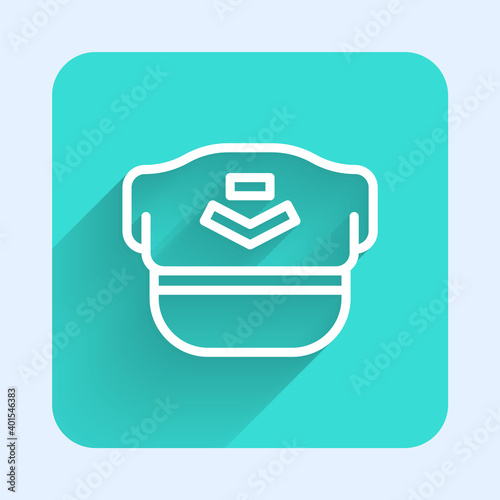 White line Pilot hat icon isolated with long shadow. Green square button. Vector.
