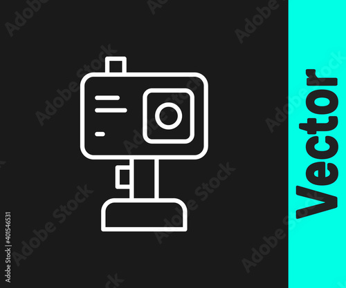 White line Action extreme camera icon isolated on black background. Video camera equipment for filming extreme sports. Vector.
