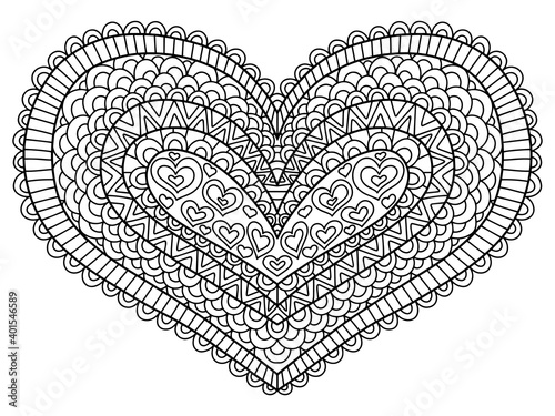 Symmetry heart shape zentangle coloring page vector. Detailed romantic creative geometry heart for Valentine's day. February lovely day horizontal printable page. Decorative vintage ornamental heart