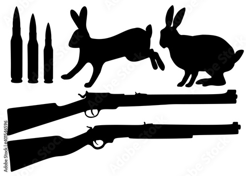 Set for hunting a hare. Shotgun, cartridges and a hare in a set.