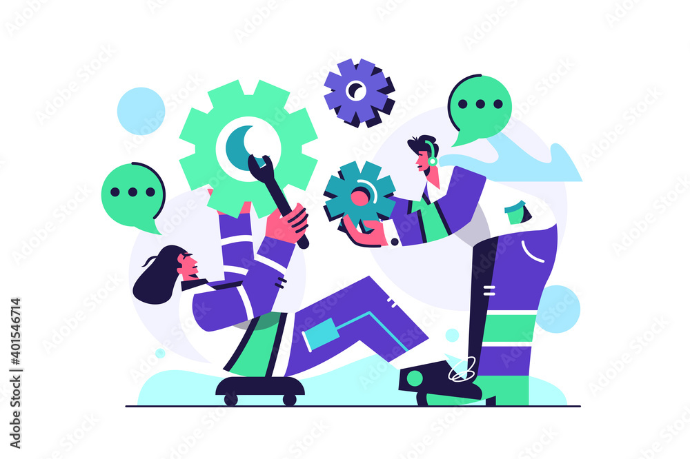The guy and the girl are engaged in setting, the girl holds a wrench and lies on the lift, large gears isolated on a white background, flat vector illustration