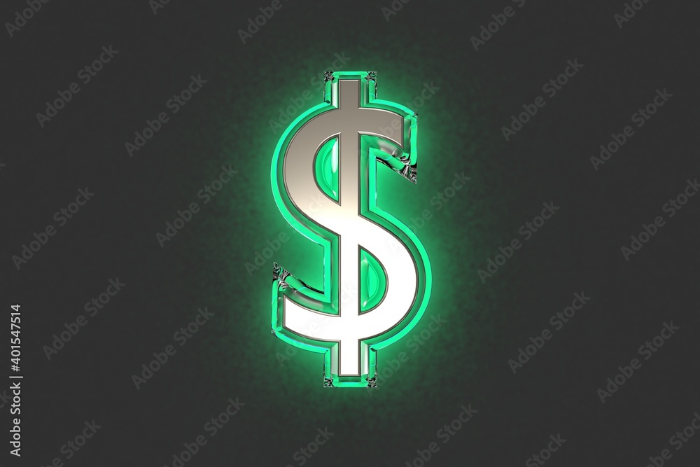 Silver metal with emerald outline and green backlight alphabet - dollar - peso sign isolated on grey background, 3D illustration of symbols Silver metal with emerald outline and green backlight alphabet - dollar - peso sign isolated on grey background, 3D illustration of symbols