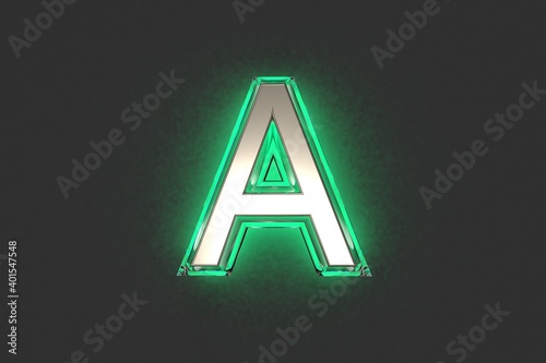 Silver metal with emerald outline and green backlight alphabet - letter A isolated on grey background, 3D illustration of symbols