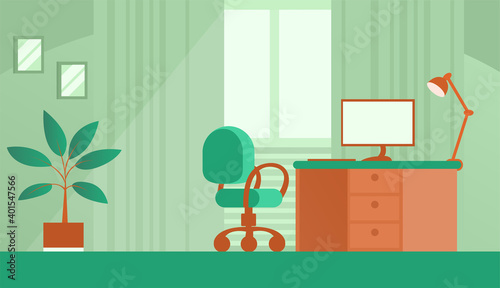 Home room with a workplace. Window, chair, table and computer. Simple interior. Vector background flat illustration.