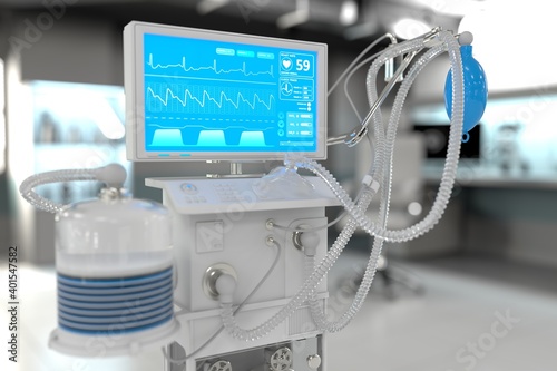 Medical 3D illustration, ICU artificial lung ventilator with fictive design in bright clinic with bokeh - stop covid-19 concept