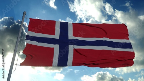 Norway flag waving in the wind against deep blue sky. National theme, international concept. 3D illustration