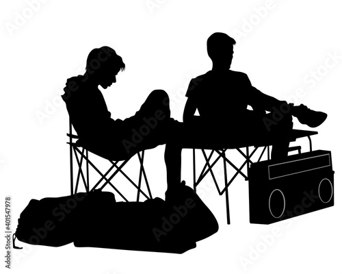 Men and women sit on the ground during a picnic. Isolated silhouettes on white background