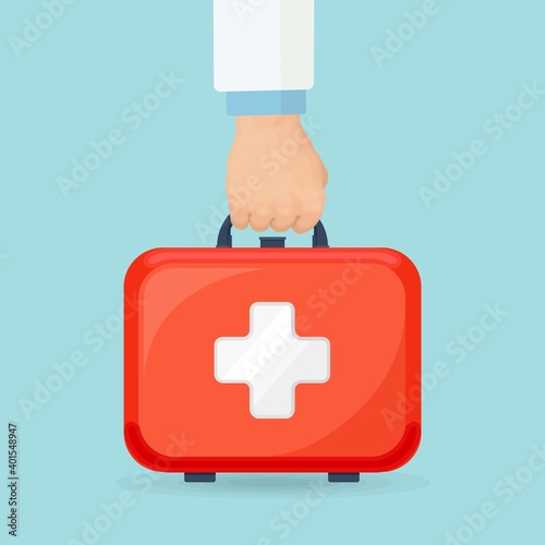 Doctor hand holds first aid kit suitcase. Vector illustration