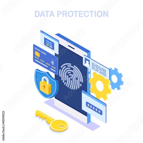 Fingerprint scan to mobile phone. Vector isometric illustration