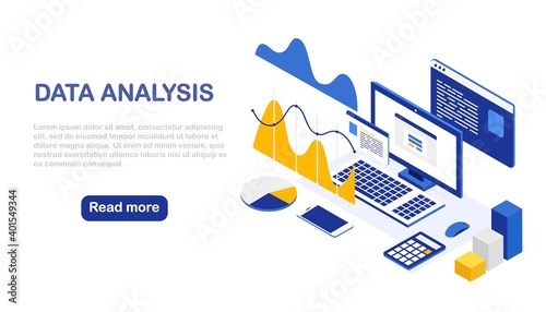 Data analysis. Digital financial reporting, seo, marketing. Business management, development. Vector illustration