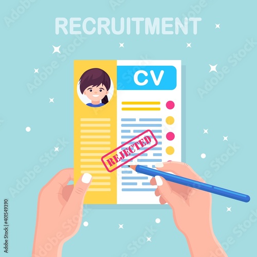 CV business rejected resume in hand. Job interview, recruitment, search employer concept