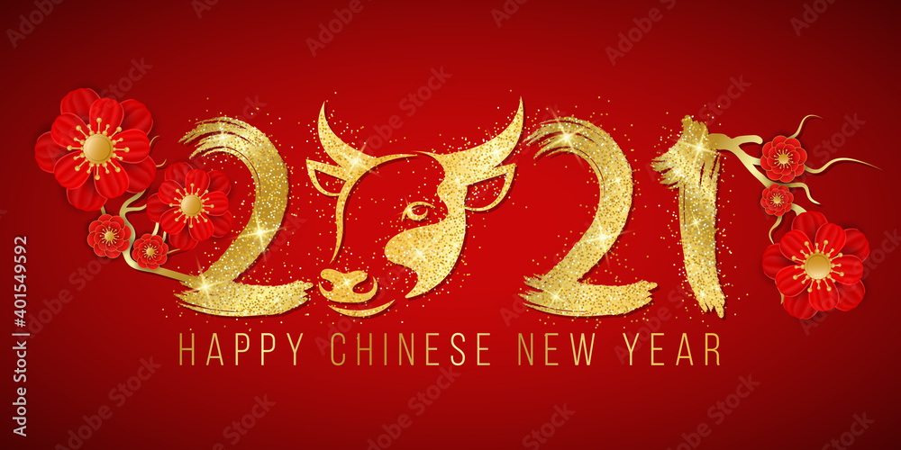 Happy Chinese New Year of the Bull 2021. Golden glittering zodiac sign with number in grunge style and blooming flowers on a red background. Vector illustration