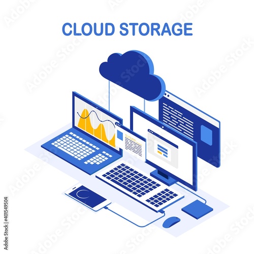 Cloud storage technology. Data backup. Isometric laptop, computer with phone. Hosting service