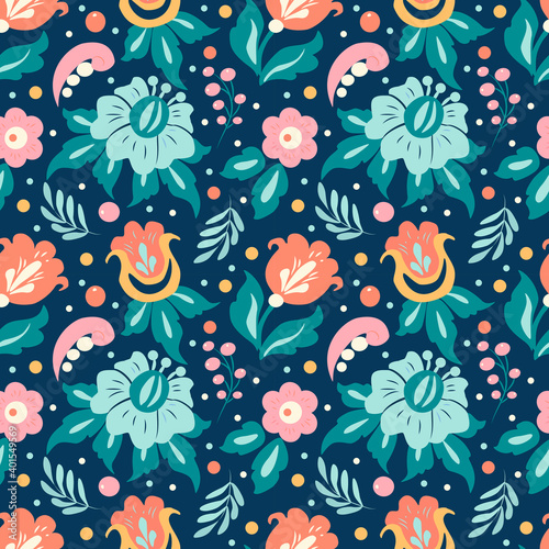 vector seamless pattern with hand drawn different flowers, leaves, berries on a blue background. pattern for printing on fabric, clothing, wrapping paper. background for websites and applications
