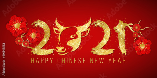 Happy Chinese New Year of the Bull 2021. Golden glittering zodiac sign with number in grunge style and blooming flowers on a red background. Vector illustration