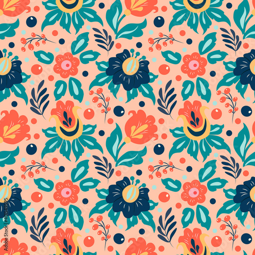 vector seamless pattern with hand drawn different flowers, leaves, berries on a pink background. pattern for printing on fabric, clothing, wrapping paper. background for websites and applications