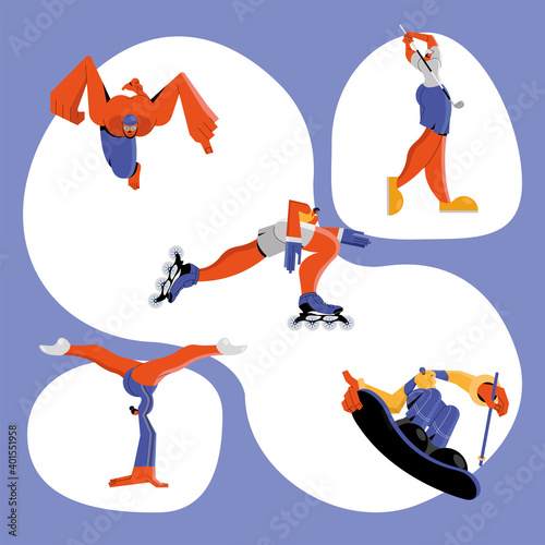 group of five athletes practicing sports characters