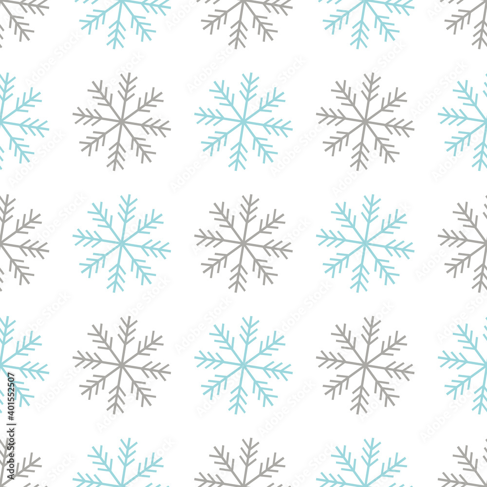 Seamless pattern with blue and gray snowflakes on a white background for fashion prints, fabrics, wrapping paper, textiles, linens. 