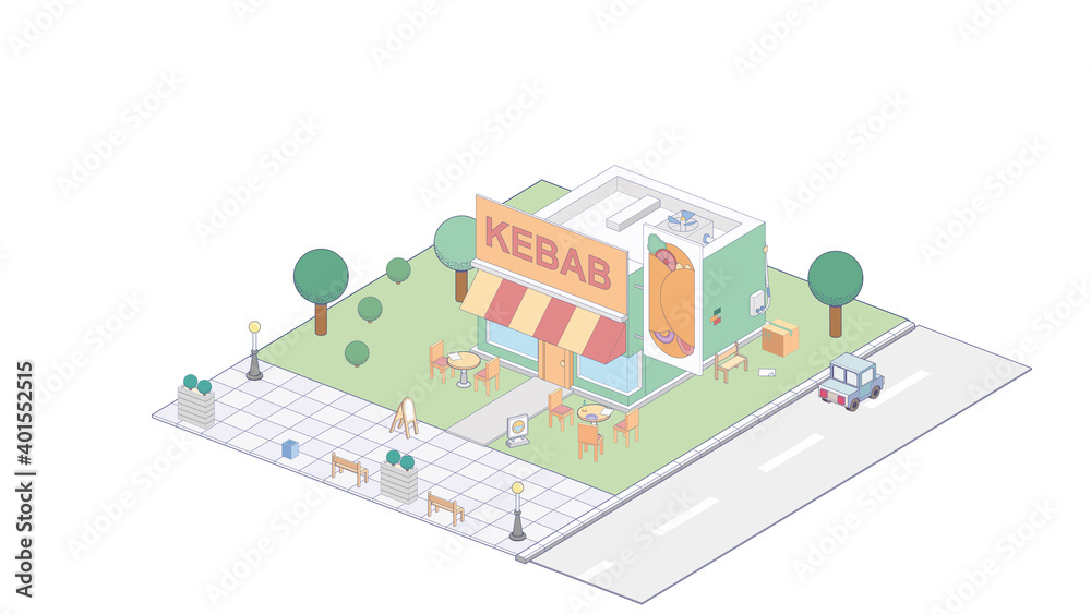 Vector isometric kebab shop or street food kebab restaurant building with sale signboard, awning and outdoor tables