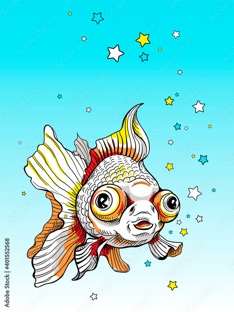 Cute cartoon telescope fish on the background of stars. Image for printing on any surface