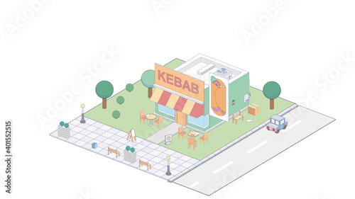 Vector isometric kebab shop or street food kebab restaurant building with sale signboard  awning and outdoor tables