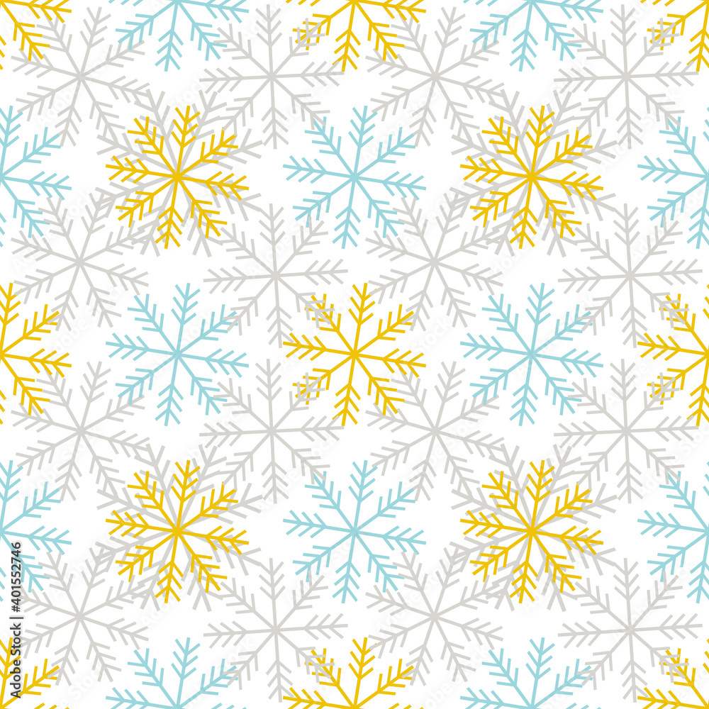 Seamless pattern with blue, yellow and gray snowflakes on a white background for fashion prints, fabrics, wrapping paper, textiles, linens. Seamless pattern with blue, yellow and gray snowflakes on a white background for fashion prints, fabrics, wrapping paper, textiles, linens.