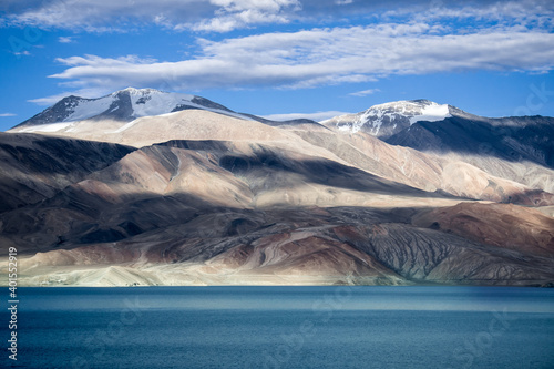 Alpine lake Tso Moriri, snowy peaks, alpine villages, Ladakh, Himalayas, India