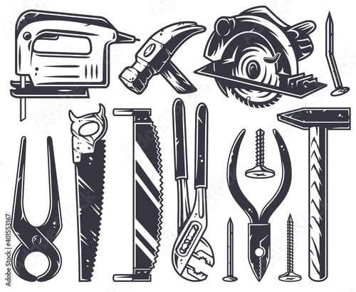 Set of carpentry engineer tools, saw and hammer for woodworking. Diy workshop kit.