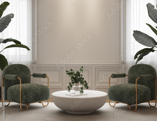 Interior design with green armchair and plants, 3d render
