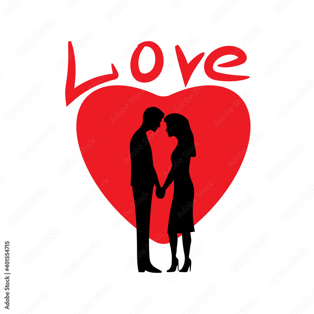 Silhouette of lovers on the background of the heart. Romantic digital paint,Lovers on Valentine's day with snow background illustration. Silhouette of lovers on the background of the heart. Romantic digital paint,Lovers on Valentine's day with snow background illustration.