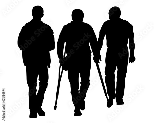 Young man on crutches is walking down the street. Isolated silhouettes on white background