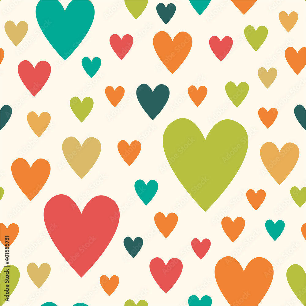 Seamless vector pattern with bright hearts of different sizes on a light background.