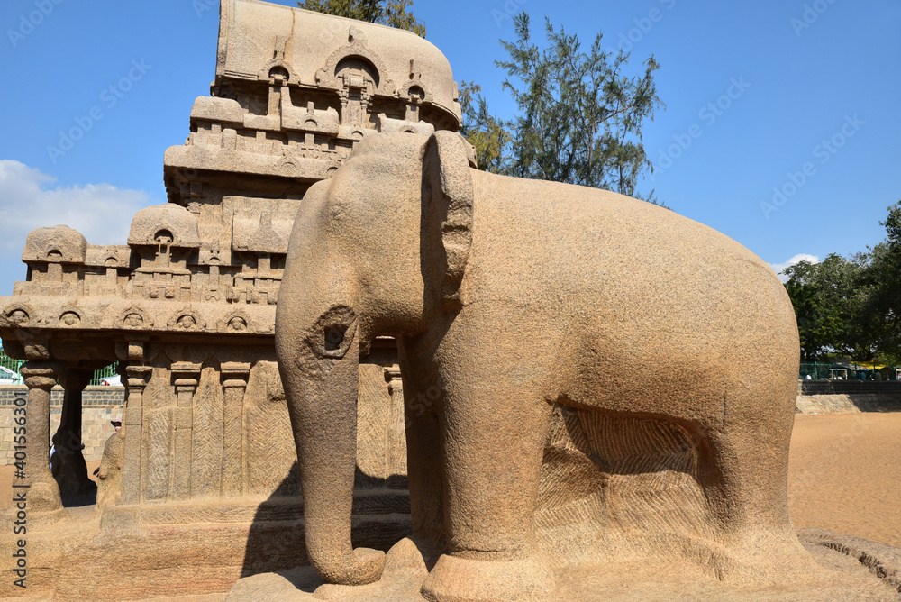 Eléphant au temple des cinq Rathas à Mallabapuram, Inde du Sud	