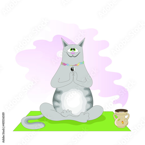 Zen-learned cat meditates on a yoga mat among the scent of incense