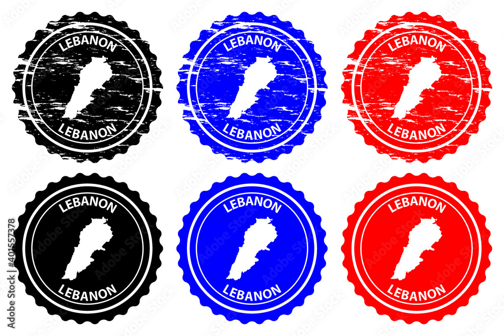 Lebanon - rubber stamp - vector, Lebanese Republic map pattern - sticker - black, blue and red