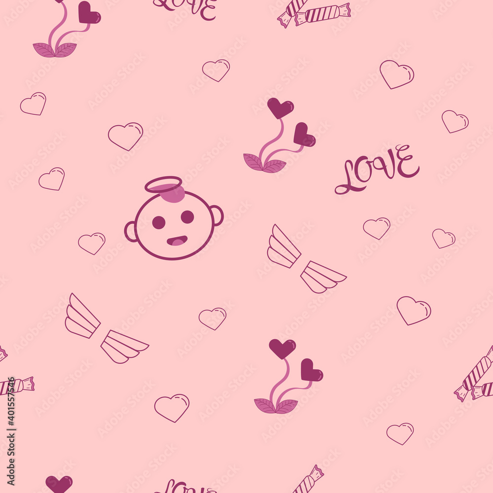 Valentine's day seamless pattern. Vector drawing with angel, wings, sweets, hearts on a pink background.