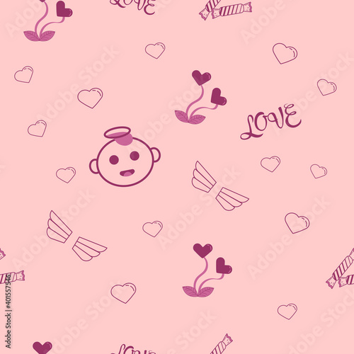 Valentine's day seamless pattern. Vector drawing with angel, wings, sweets, hearts on a pink background.