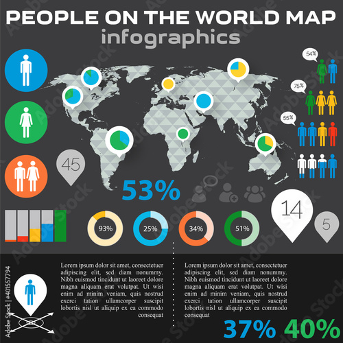 Social Networks, Human Issues, Users Amount, Users Profiles Infographics with polygonal world map and avatar icons