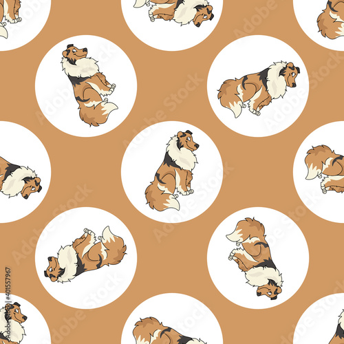 Hand drawn cute Rough Collie dog breed in polka dot seamless vector pattern. Purebread pedigree puppy domestic on dotty background. Dog lover toy dog all over print. Kennel club pooch. 