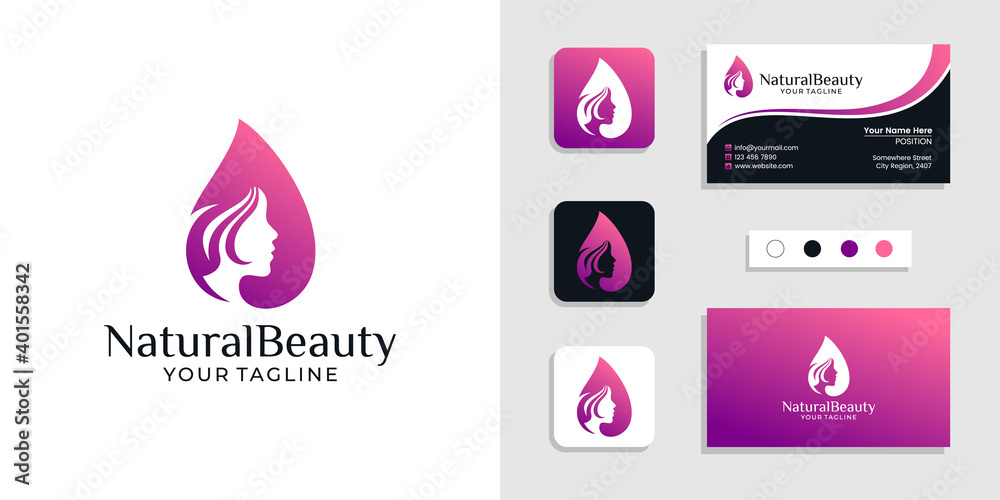 Natural beauty woman face logo and business card design template