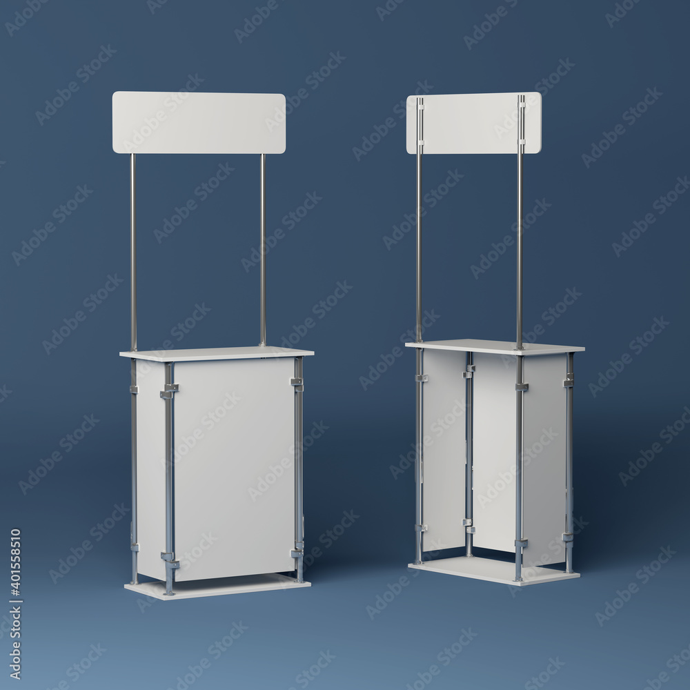 Front View Empty Rack Design Empty white promo rack, front and back view on dark background, 3d ...
