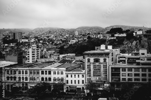 Panoramic cityscape view of Valparaiso and his hills (in black and white)
