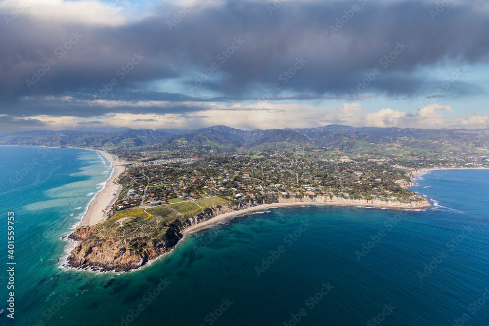 Aerial view of Point Dume and Westward Beach with stormy sky in scenic Malibu California.  