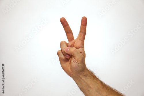 High five. Right palm Caucasian male hand shows 5 fingers. Hand brush on a white background. High quality photo