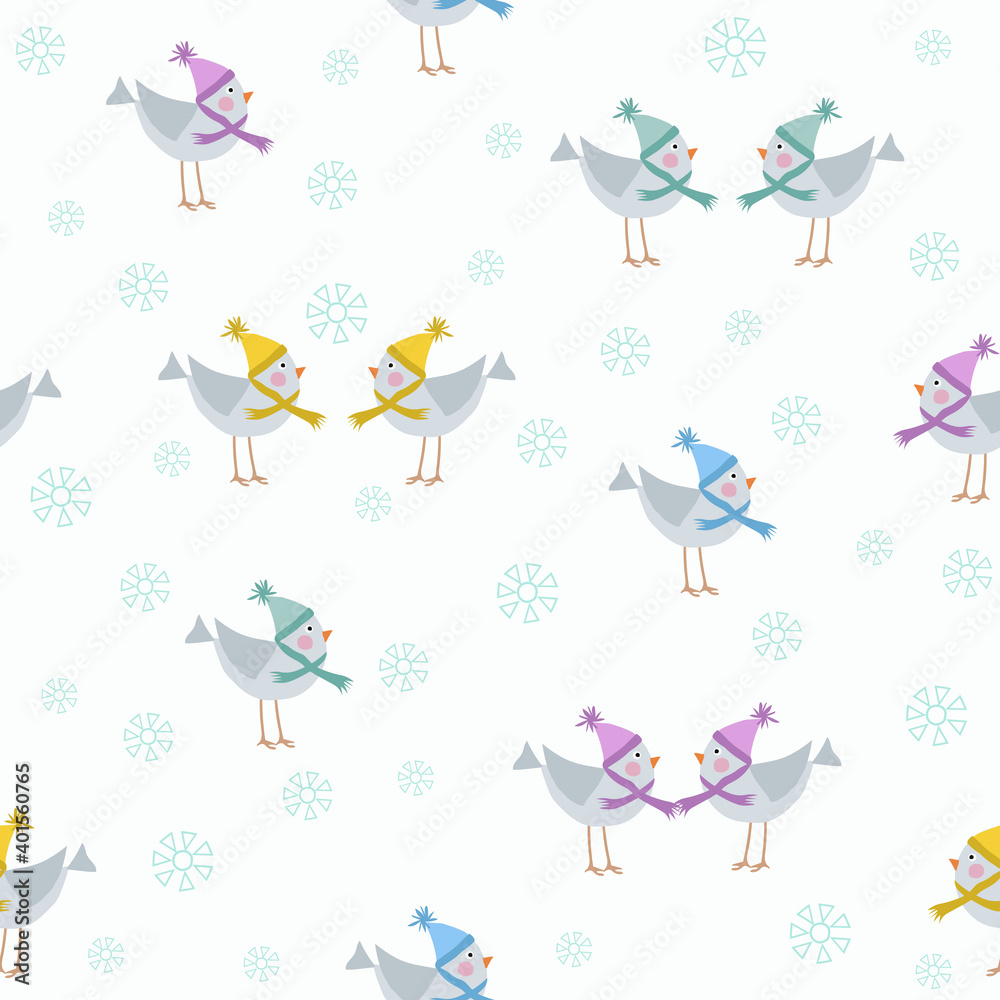 Vector seamless pattern for kids. Stylish background with cute cartoon birds in funny colorful hats, snowflakes on white. Winter season, holidays theme. Modern repeat design for girls and boys, decor Vector seamless pattern for kids. Stylish background with cute cartoon birds in funny colorful hats, snowflakes on white. Winter season, holidays theme. Modern repeat design for girls and boys, decor
