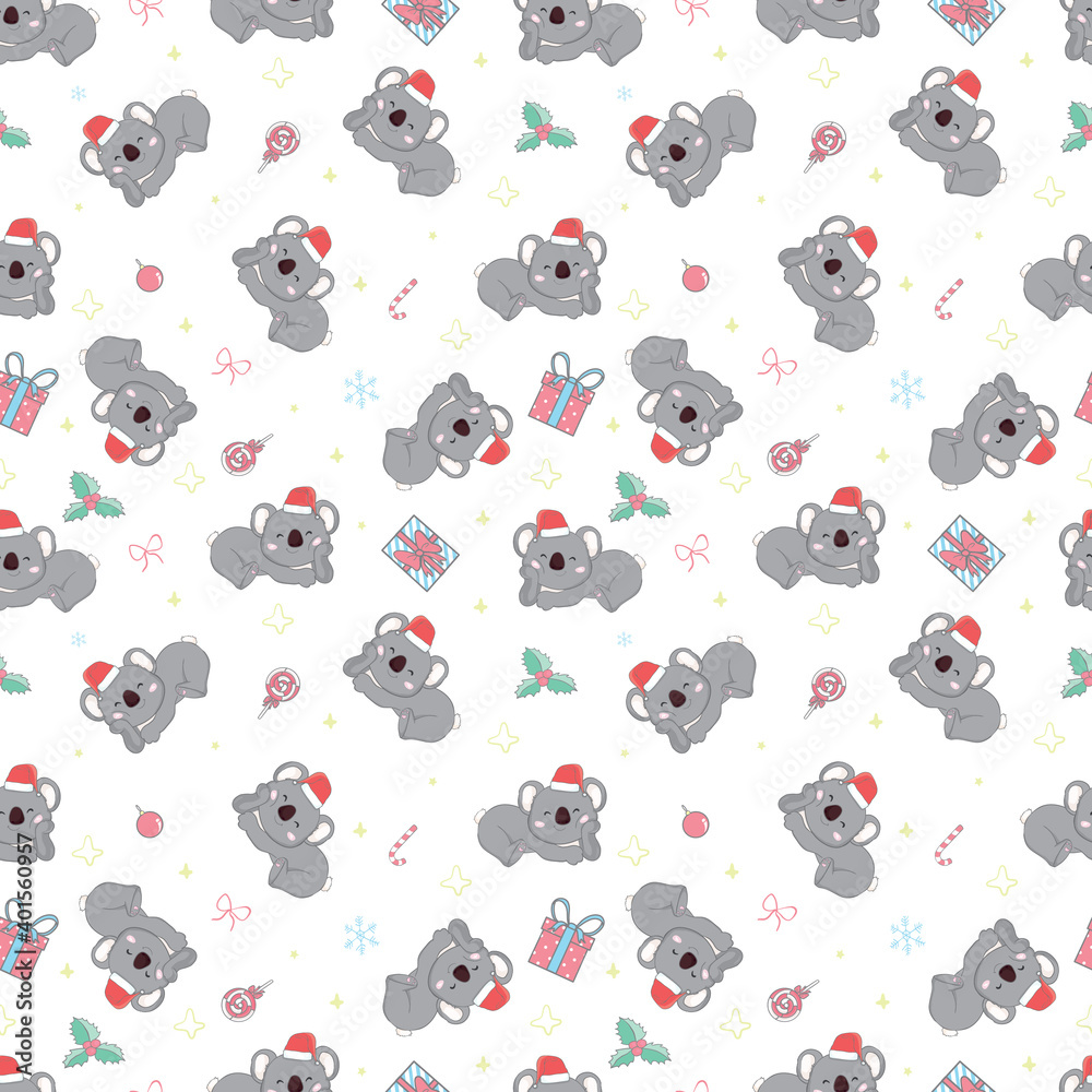 Fototapeta premium Koala with Santa hat pattern New Year seamless pattern. For scrapbooking paper, gift wrapping, wallpaper. Children's holiday, vector, illustration.