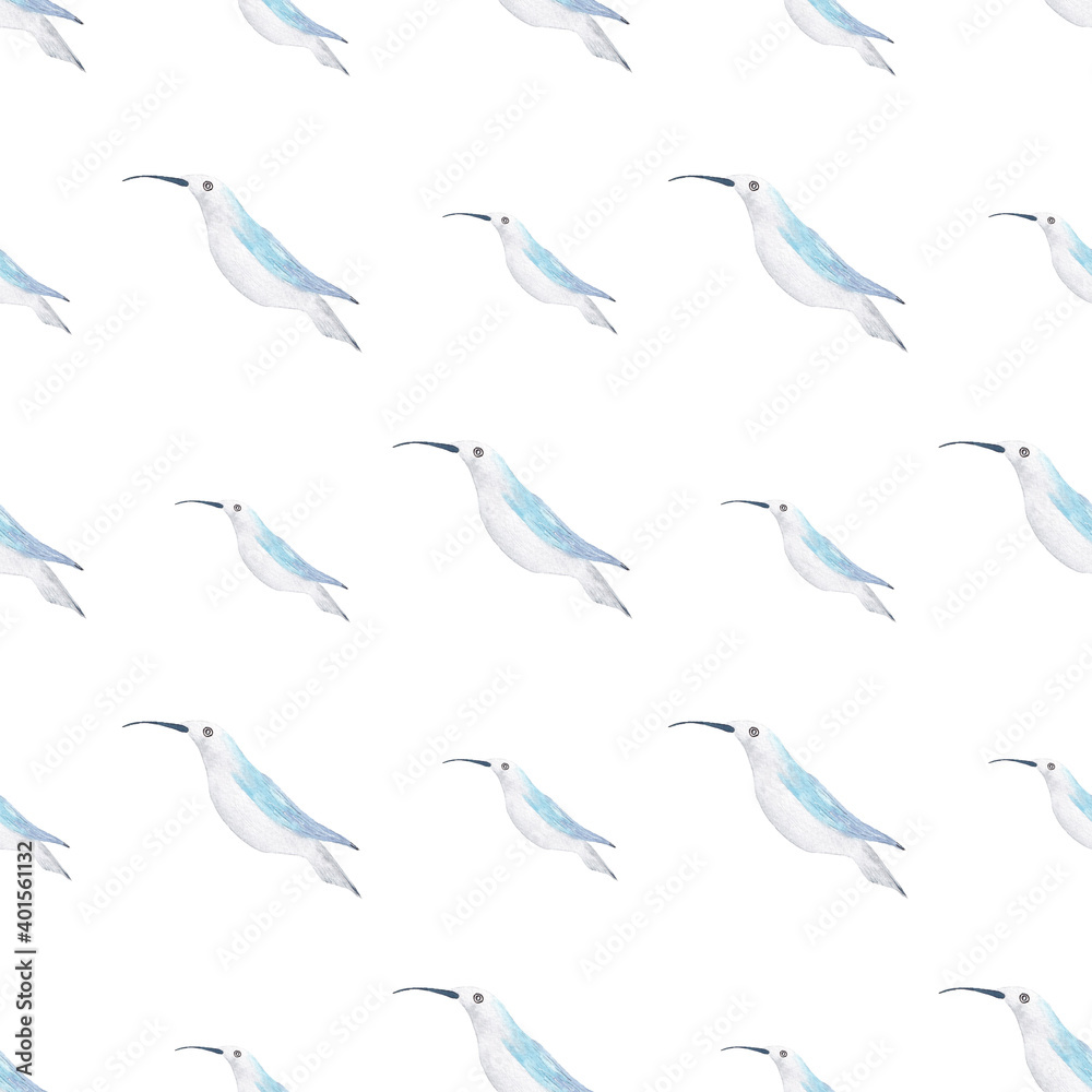 Obraz premium Watercolor birds seamless pattern. Watercolor fabric. Repeat birds. Use for design invitations, birthdays