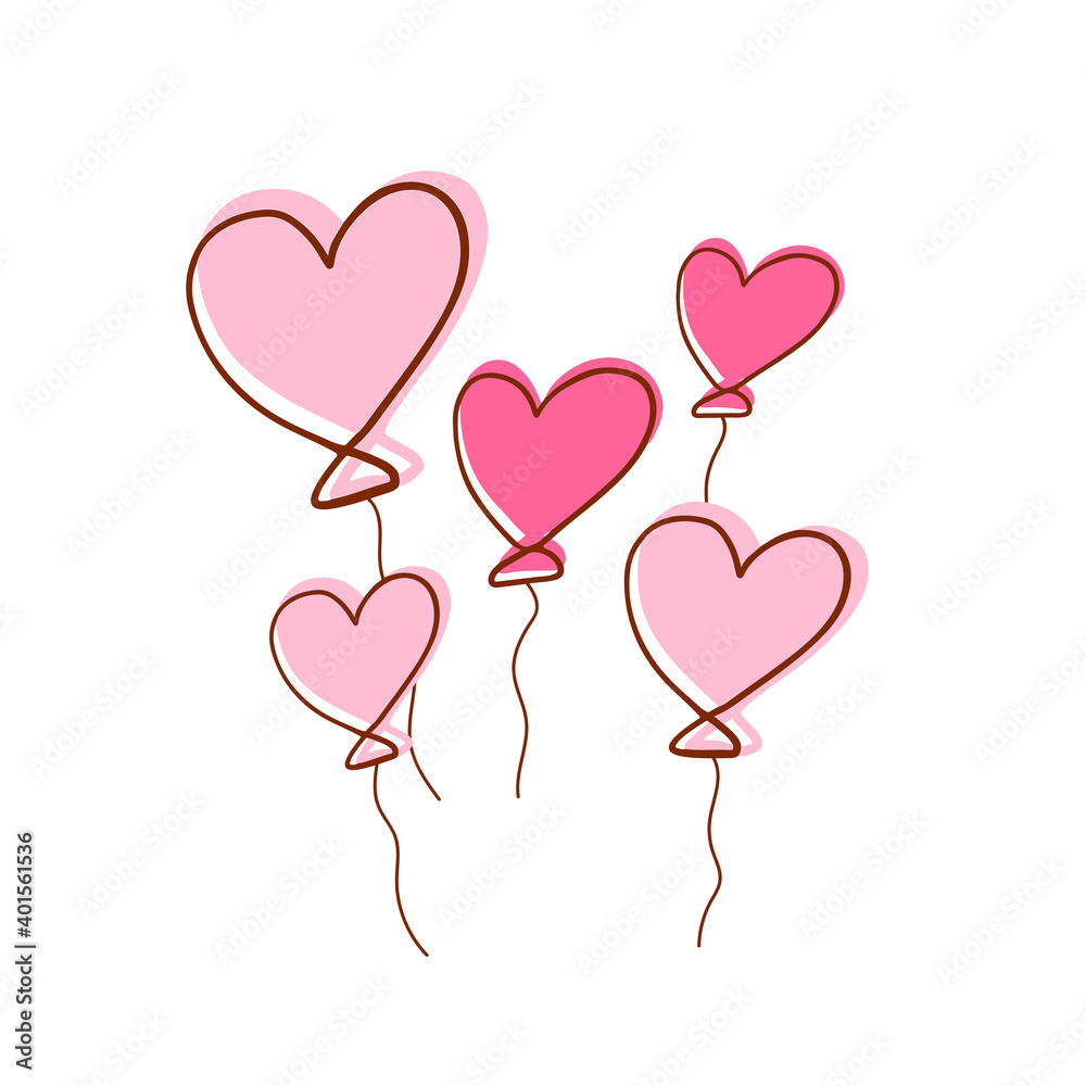 Heart pink balloons isolated on white background. Happy valentine's day party celebration. Romantic doodles. Pretty cute cartoon hand drawn illustration. Use to postcard, template, website.  